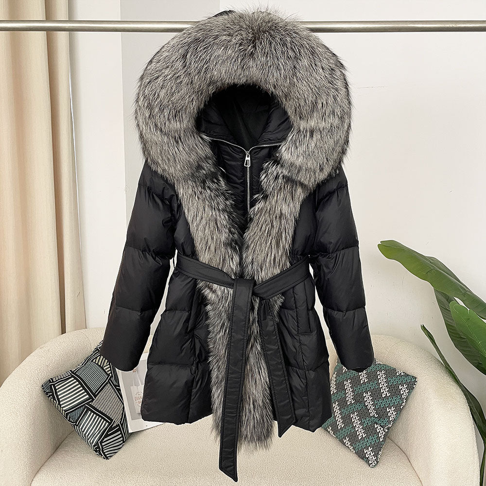 Hooded Down Jacket with Fox Fur Collar