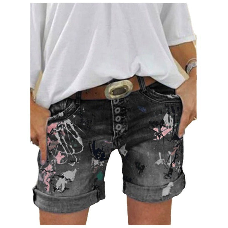 Pantalón corto vaquero de mujer de cintura alta elástico estampado con cierre de botón, talla grande, diseño