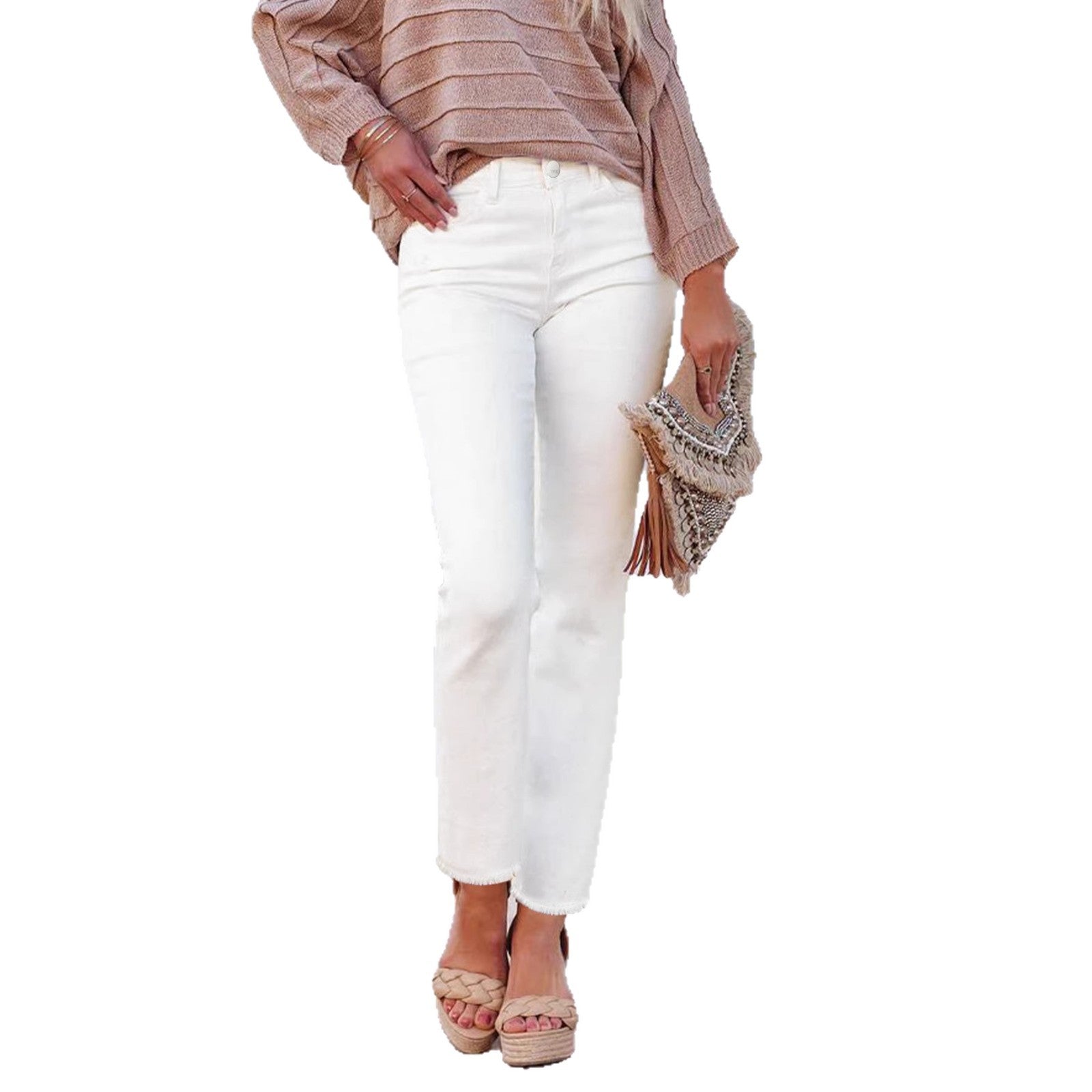Pantalones casuales de mezclilla blanca de pierna recta hasta el tobillo con dobladillo sin rematar