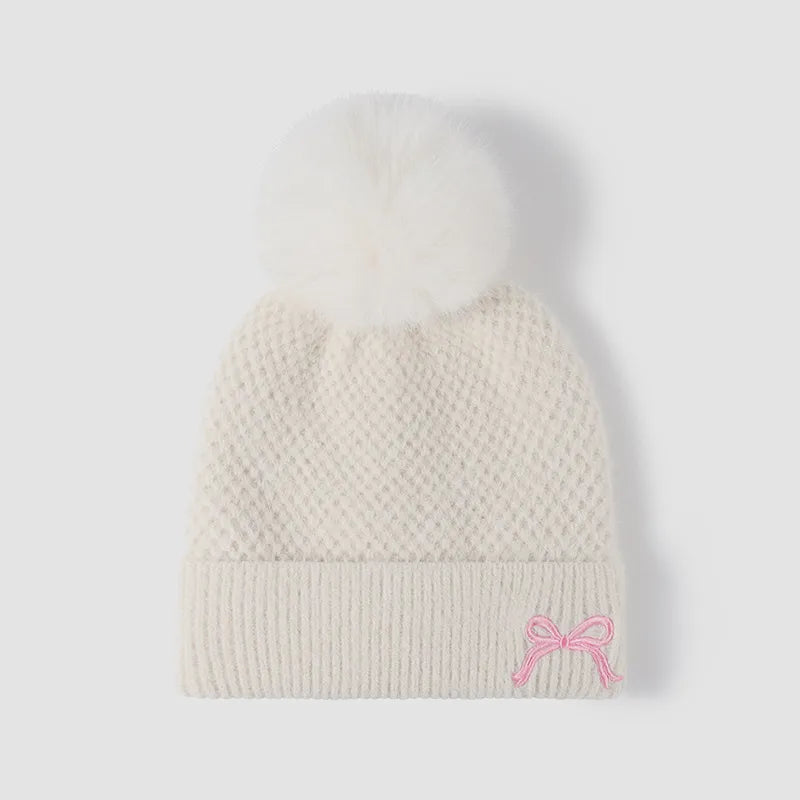 Bow Pom-Pom Thermal Knit Hat