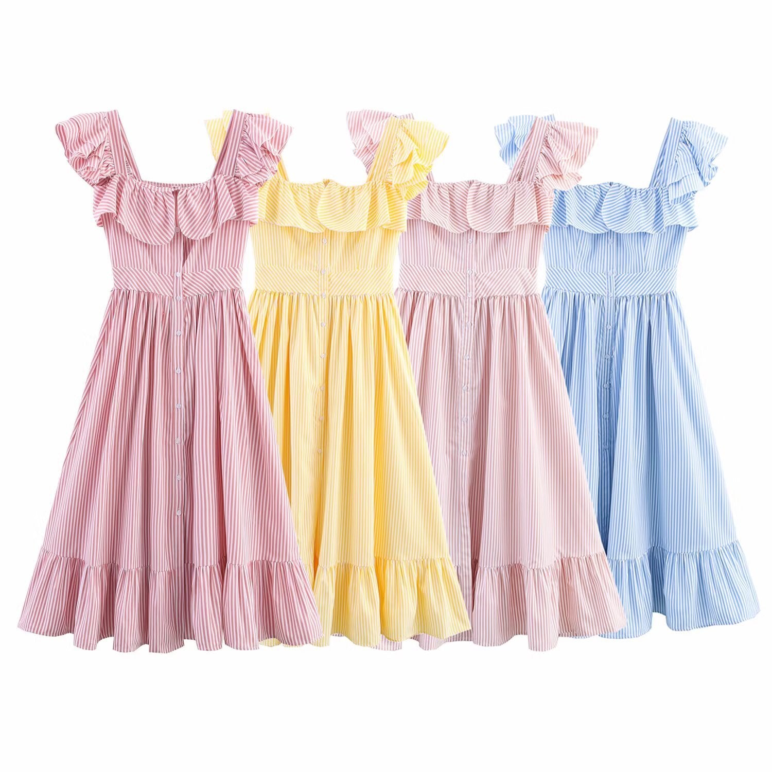 Robe rayée cintrée à simple boutonnage et volants