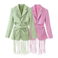 Striped Tassel-Belt Blazer