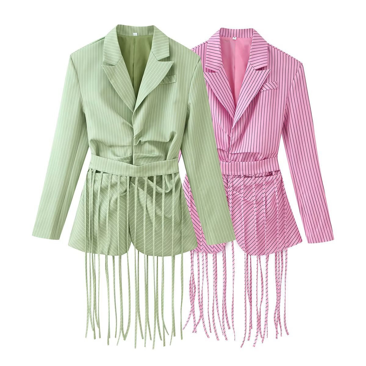 Striped Tassel-Belt Blazer