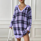 Colour-Block Plaid Knitted Midi Dress - view 3
