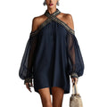 Robe bustier brodée avec manches bouffantes transparentes et décolleté, style décontracté amincissant