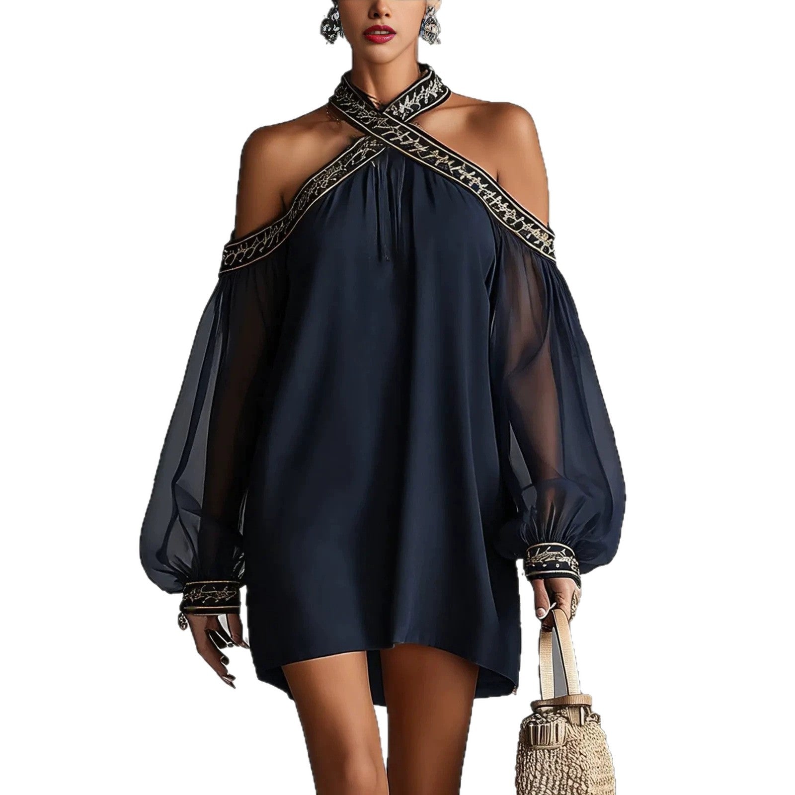 Robe bustier brodée avec manches bouffantes transparentes et décolleté, style décontracté amincissant