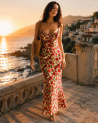 Rose Print Tie-Front Maxi Dress