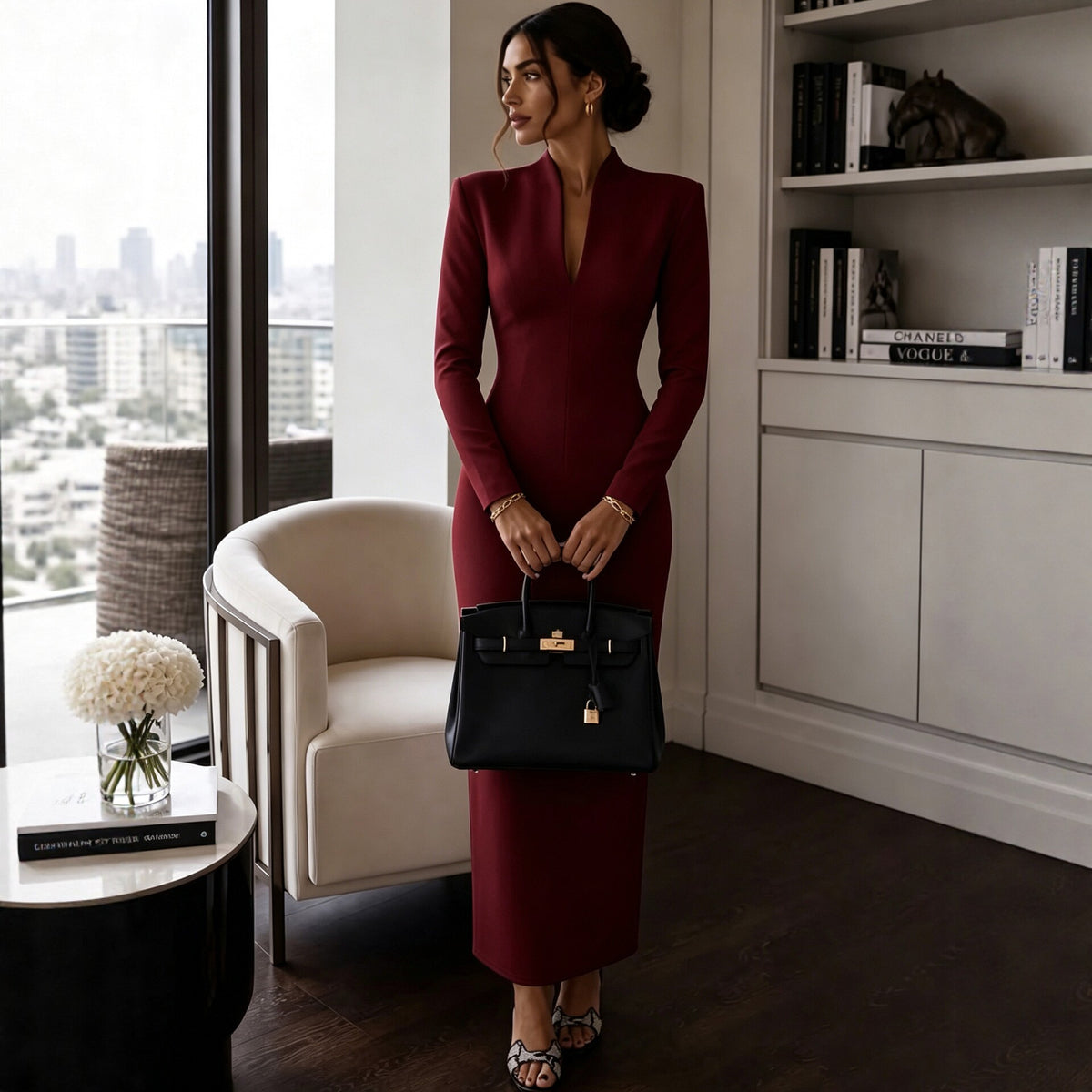 Stand-Collar V-Neck Evening Maxi Dress