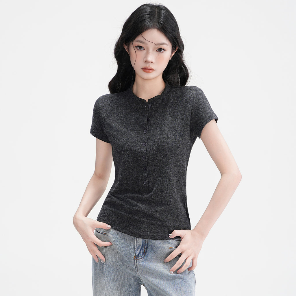 Button-Shoulder Short-Sleeve Top