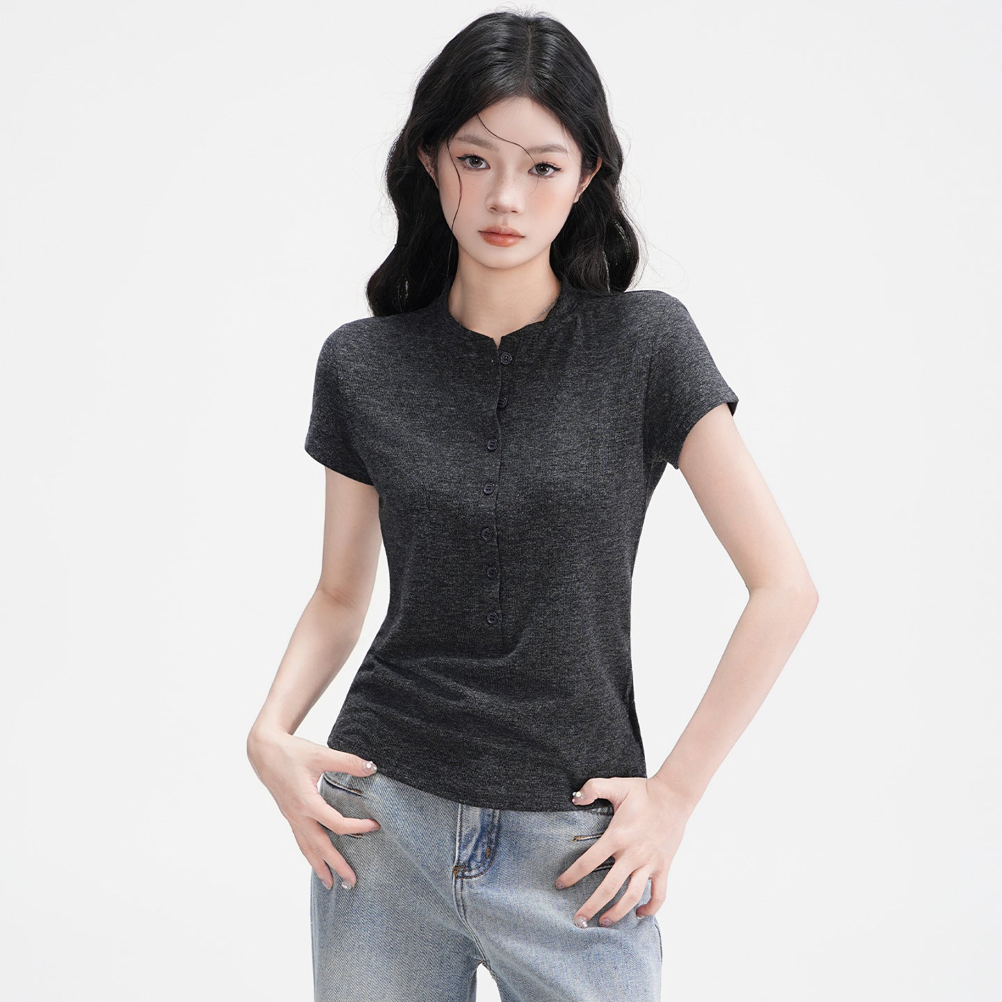 Button-Shoulder Short-Sleeve Top