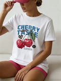 Camiseta de puro algodón con estampado de letras y cerezas