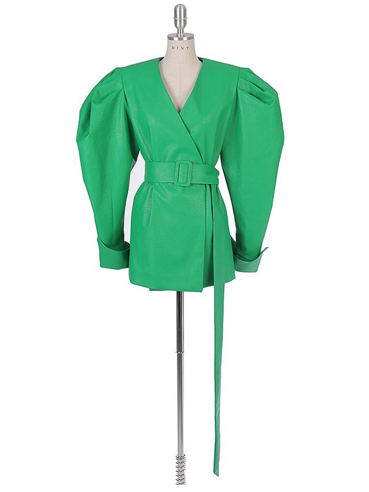 Puff-Sleeve Belted Faux Leather Jacket - view 2
