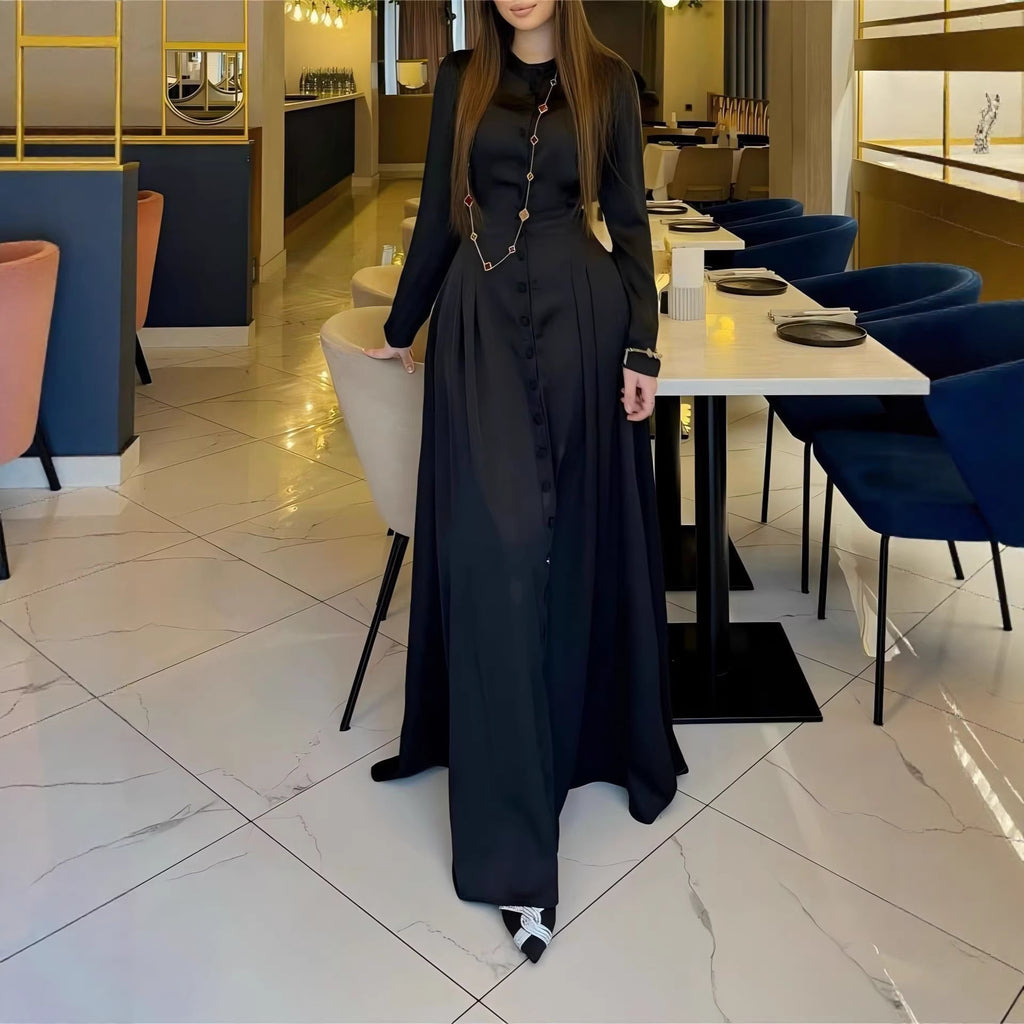 Buttoned-Waist Long-Sleeve Maxi Dress