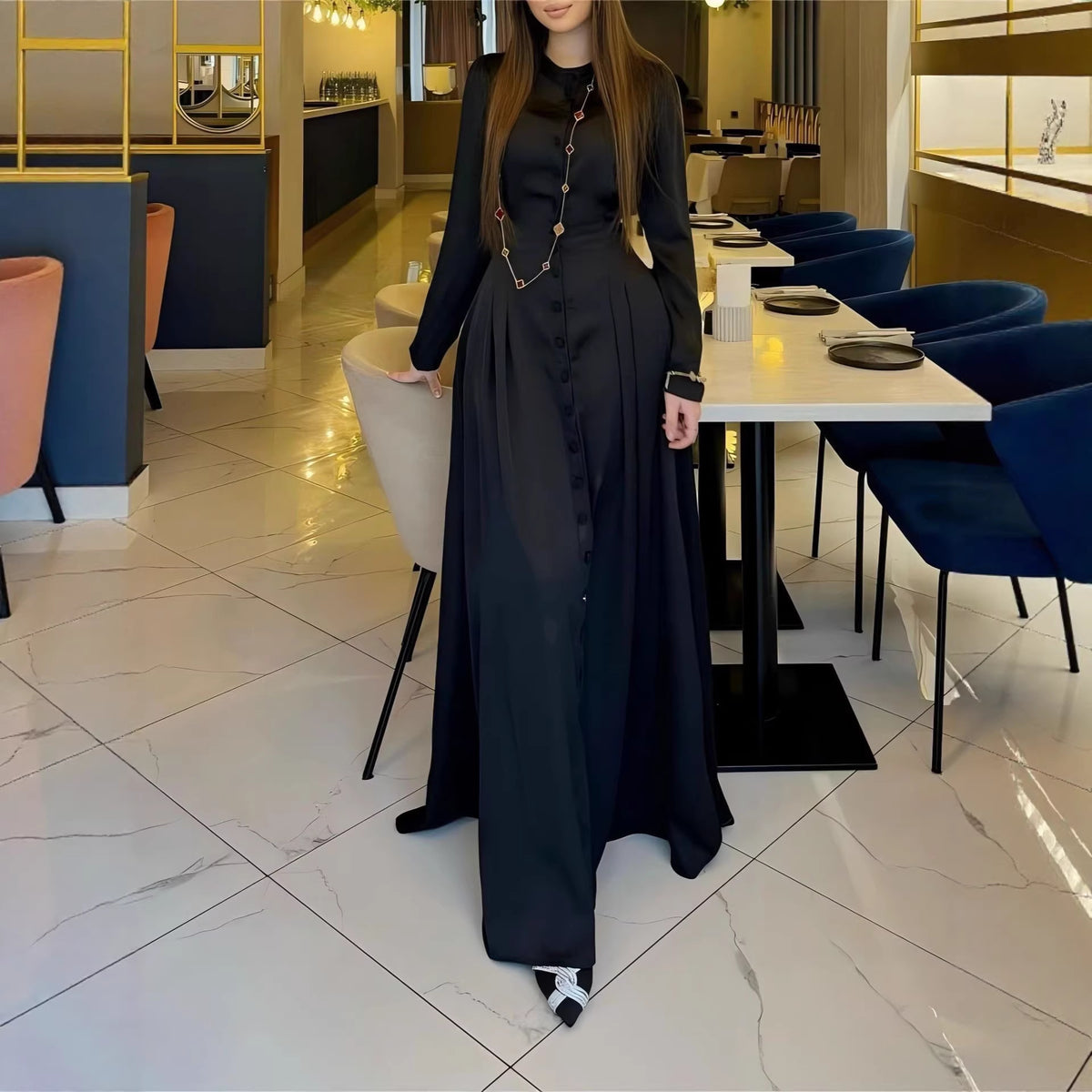 Buttoned-Waist Long-Sleeve Maxi Dress