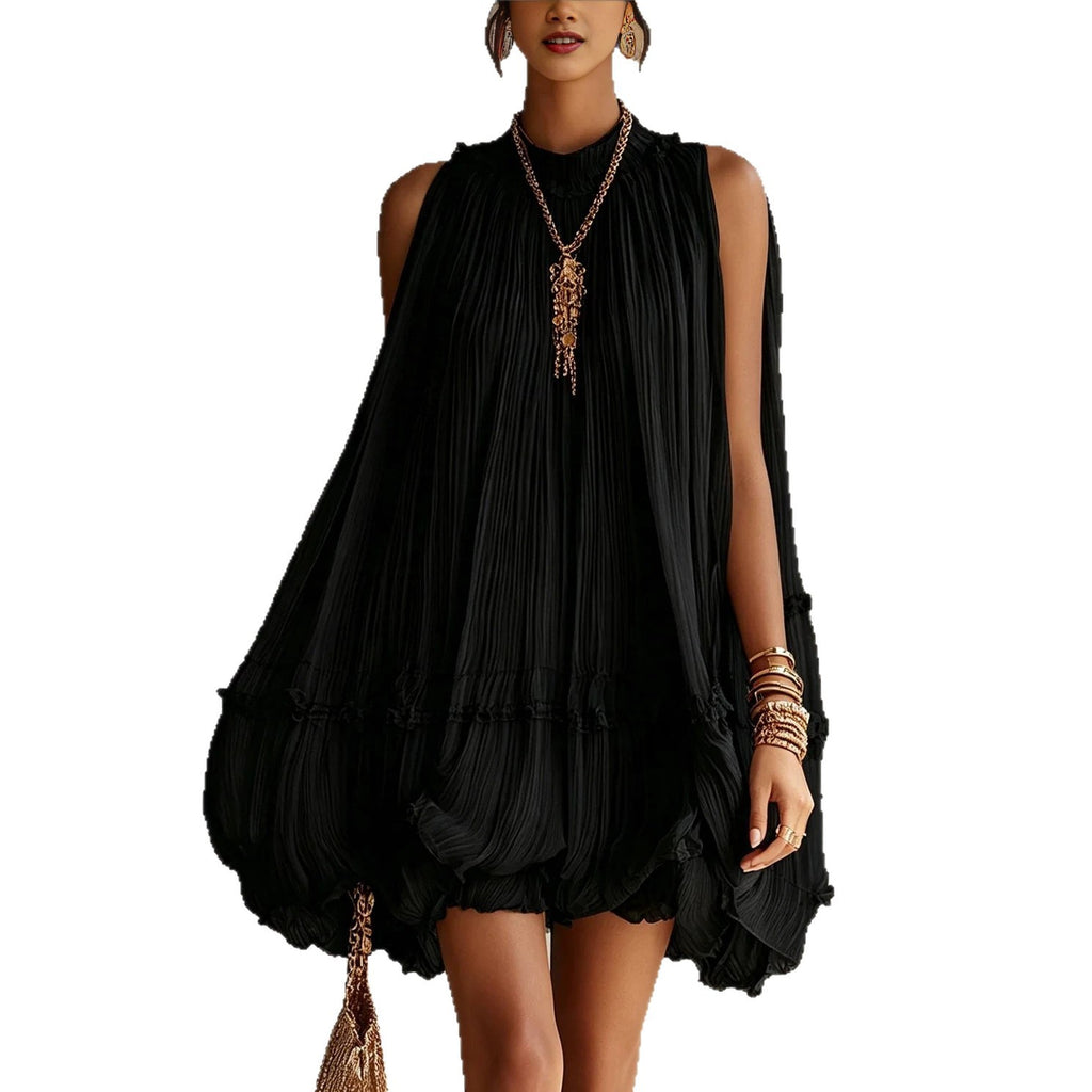 Robe trapèze plissée sans manches pour femme avec ourlet volanté et fronces