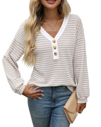 Color-Block V-Neck Button Top