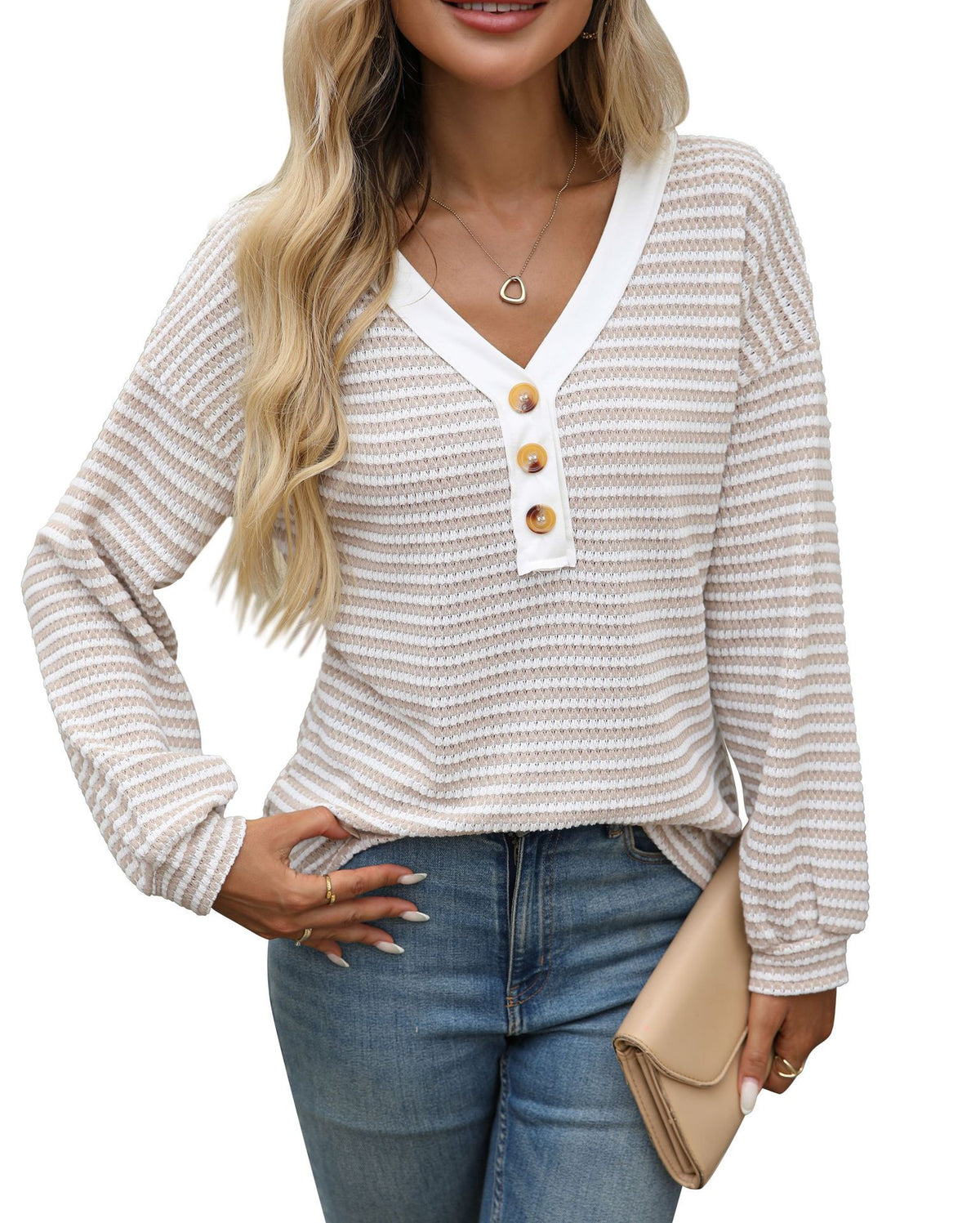 Color-Block V-Neck Button Top