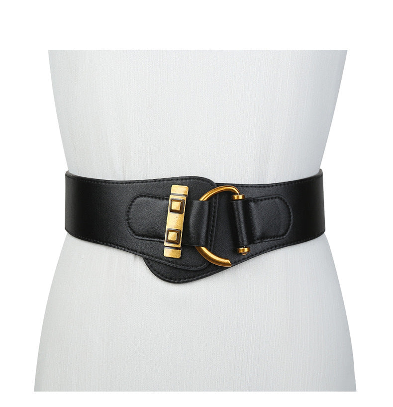 Wide elastic waist belt with gold-tone buckle