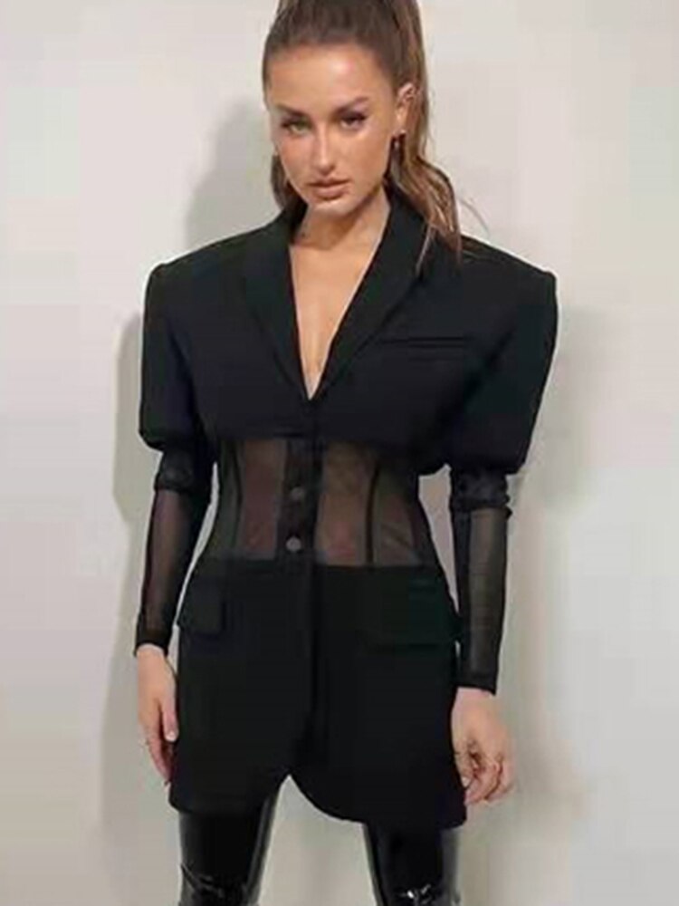 Notched Collar Mesh Panel Blazer - view 2