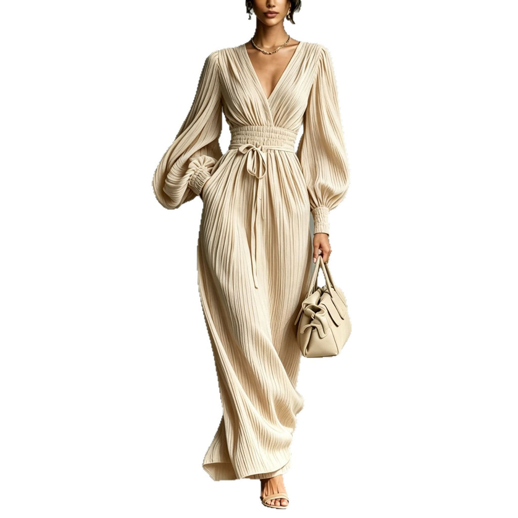 Robe décontractée unie à manches longues et à la taille cintrée
