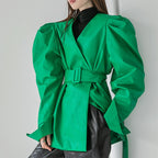 Puff-Sleeve Belted Faux Leather Jacket