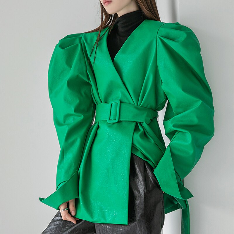 Puff-Sleeve Belted Faux Leather Jacket