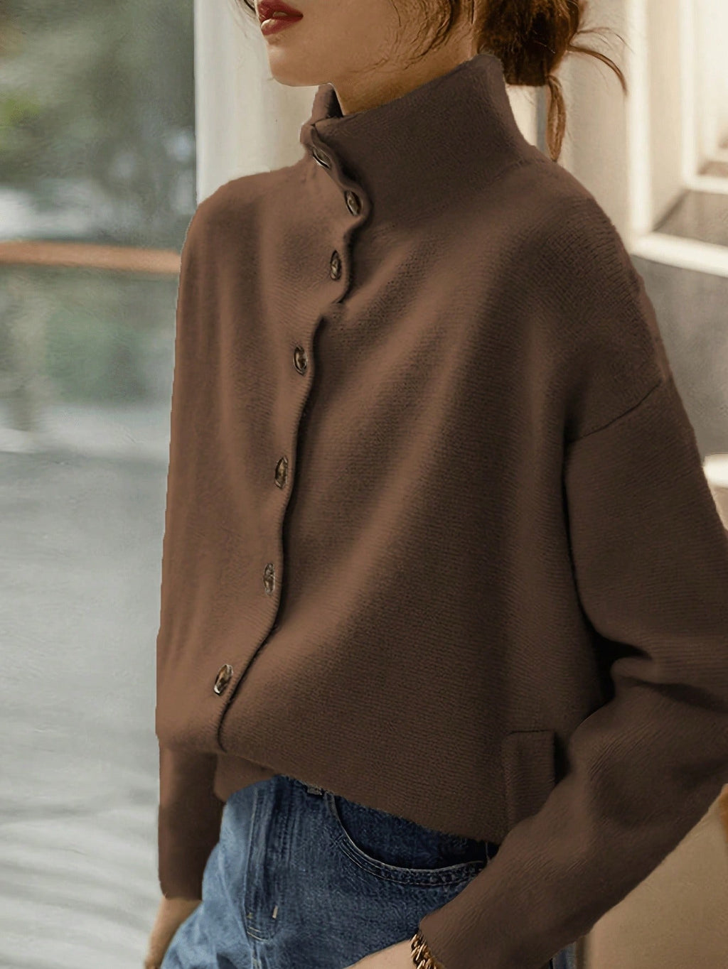 Stand-Collar Single-Button Knit Cardigan - view 7