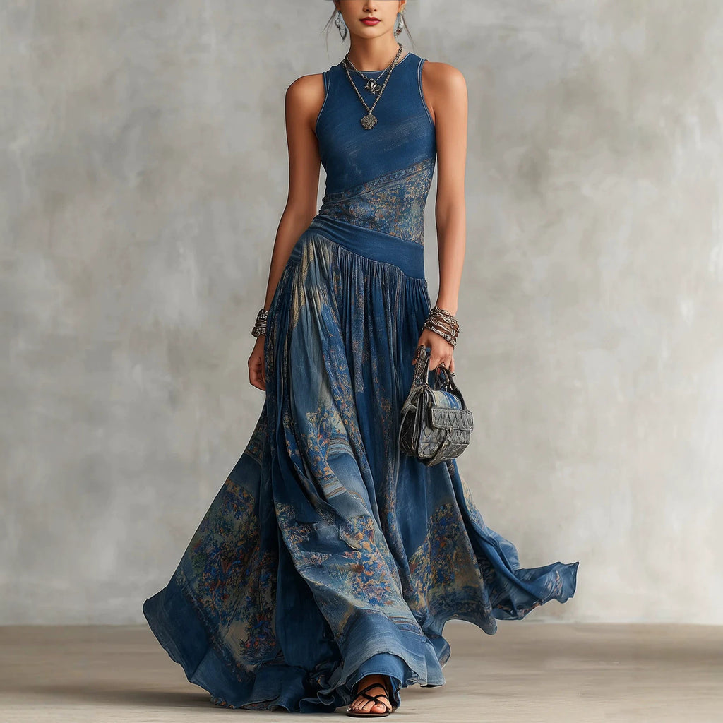 Robe sans manches imprimée avec élégante jupe ronde évasée