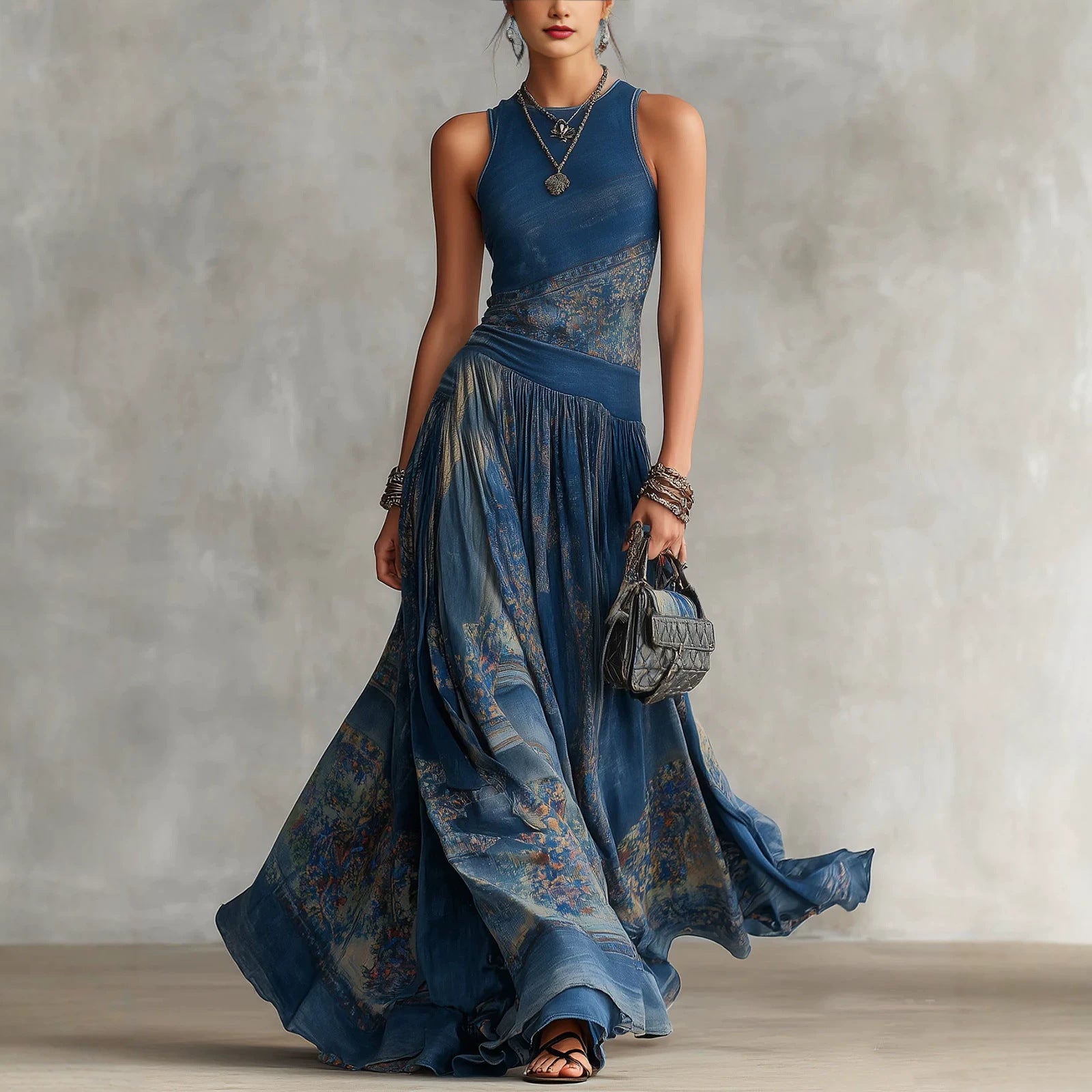 Robe sans manches imprimée avec élégante jupe ronde évasée