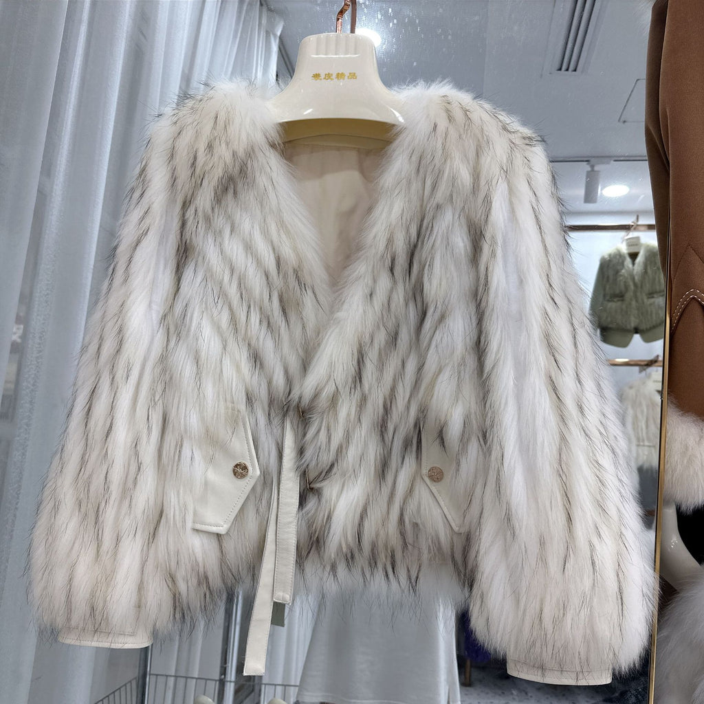 Striped Raccoon-Fur Short Coat