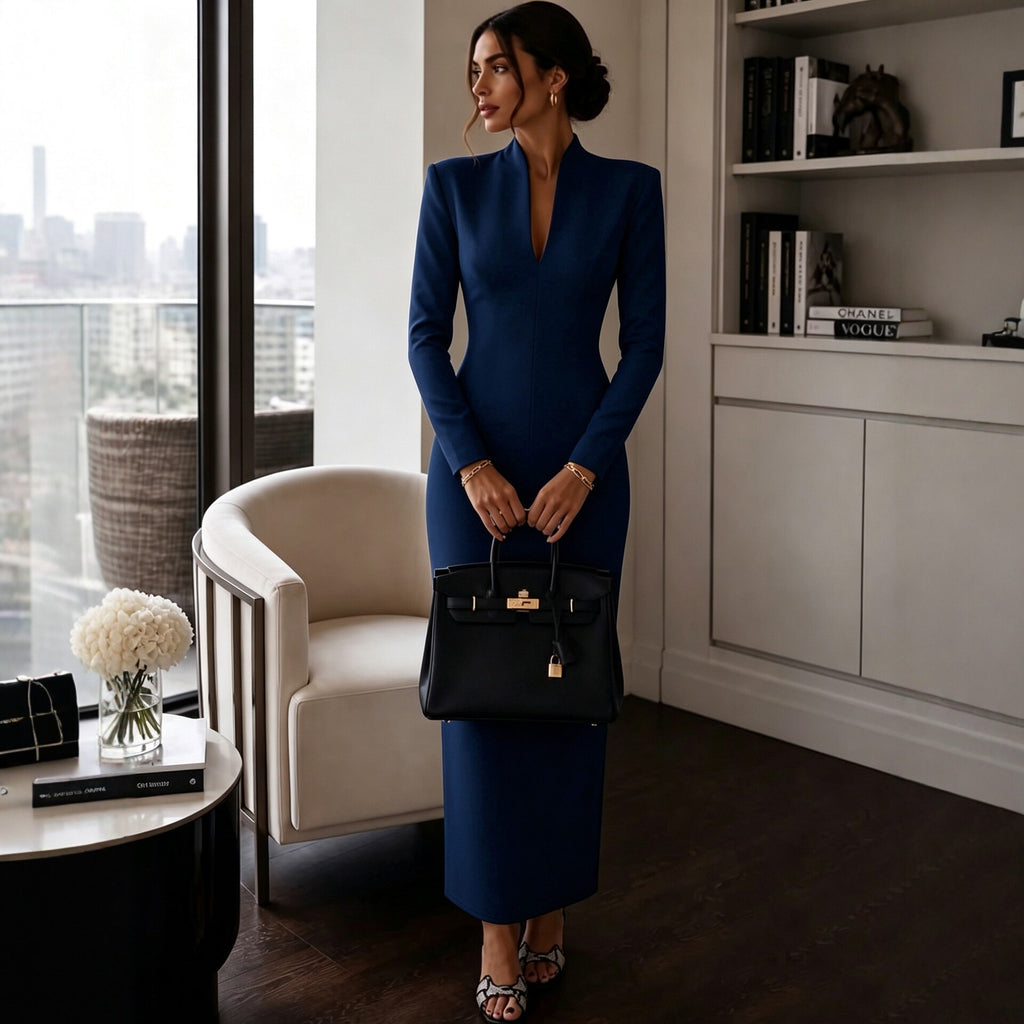 Stand-Collar V-Neck Evening Maxi Dress