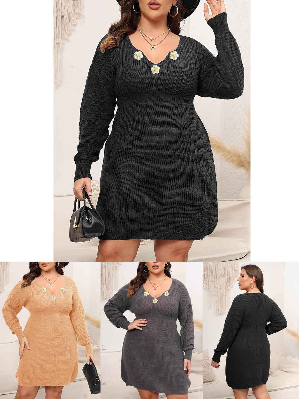 Crochet-Panel V-Neck Knit Dress — product image 2