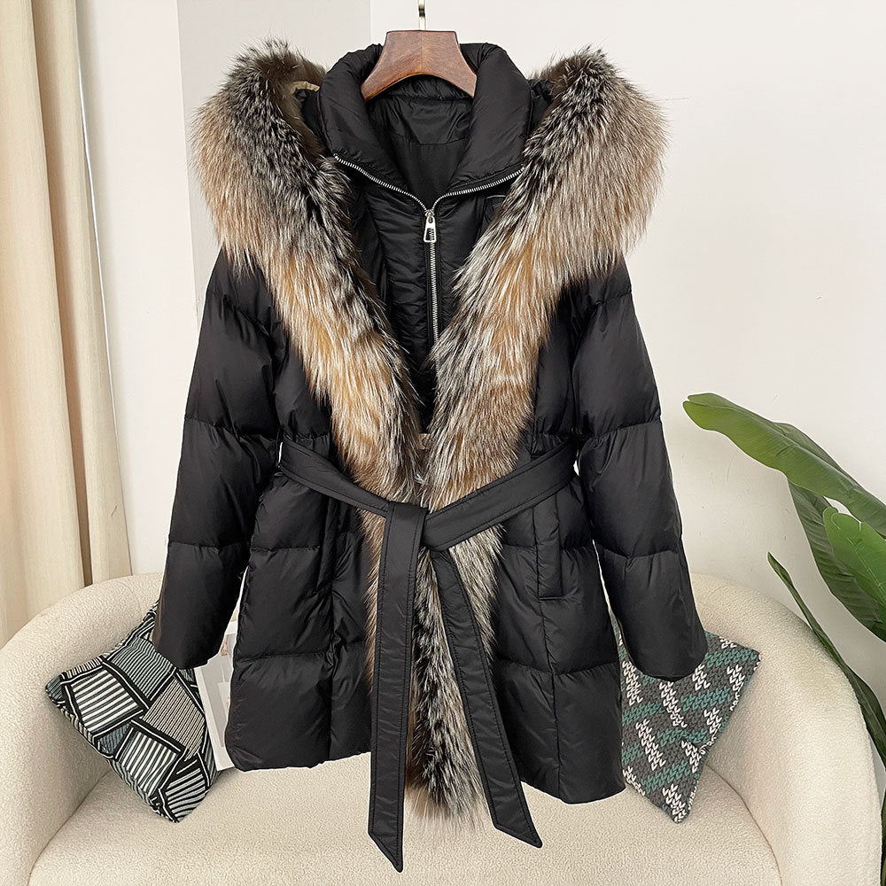 Hooded Down Jacket with Fox Fur Collar - view 8
