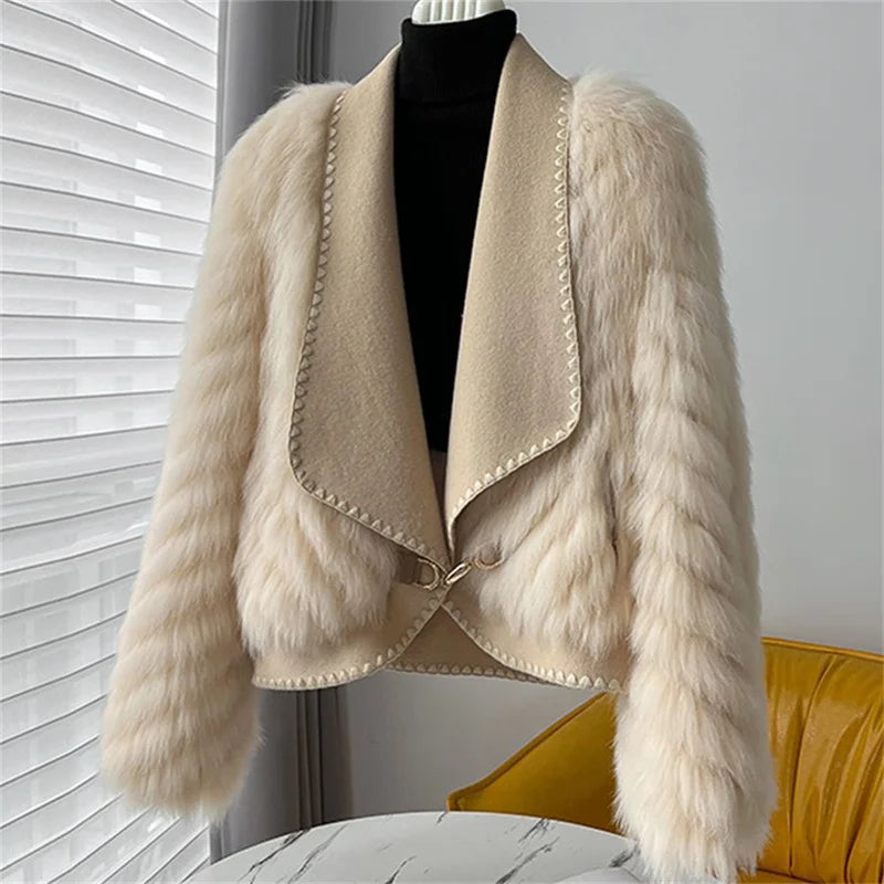 Double-Faced Short Coat with Fox Fur Trim - view 2