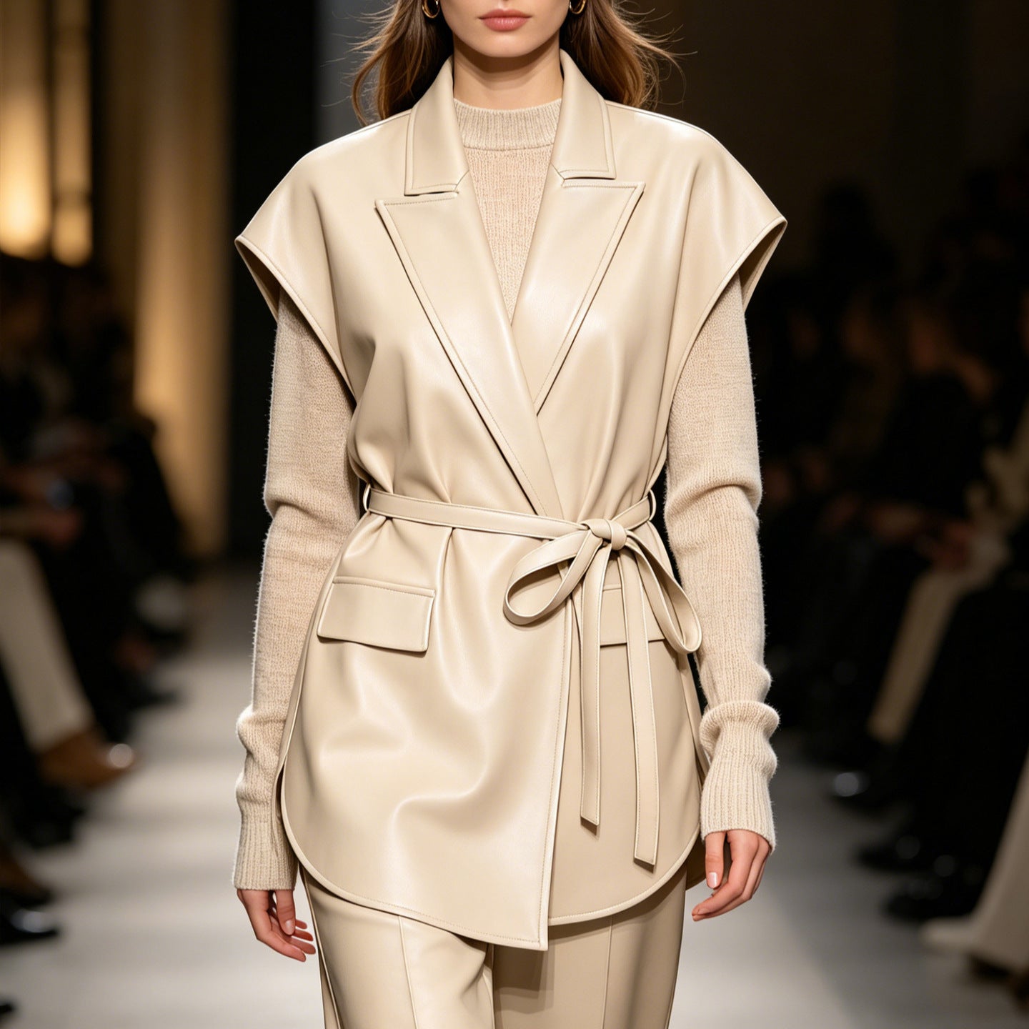 Gilet sans manches en similicuir pour femme, avec col tailleur et ceinture