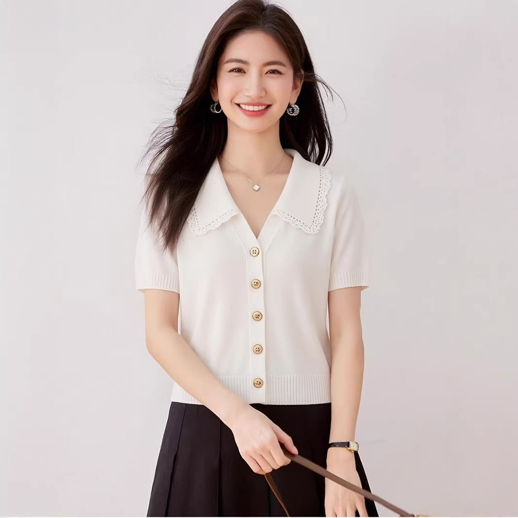 Navy Lace-Collar Knit Polo Top
