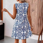 Elegante vestido sin mangas con estampado floral y cuello en U, con detalle de anillo, vestido de verano de largo medio