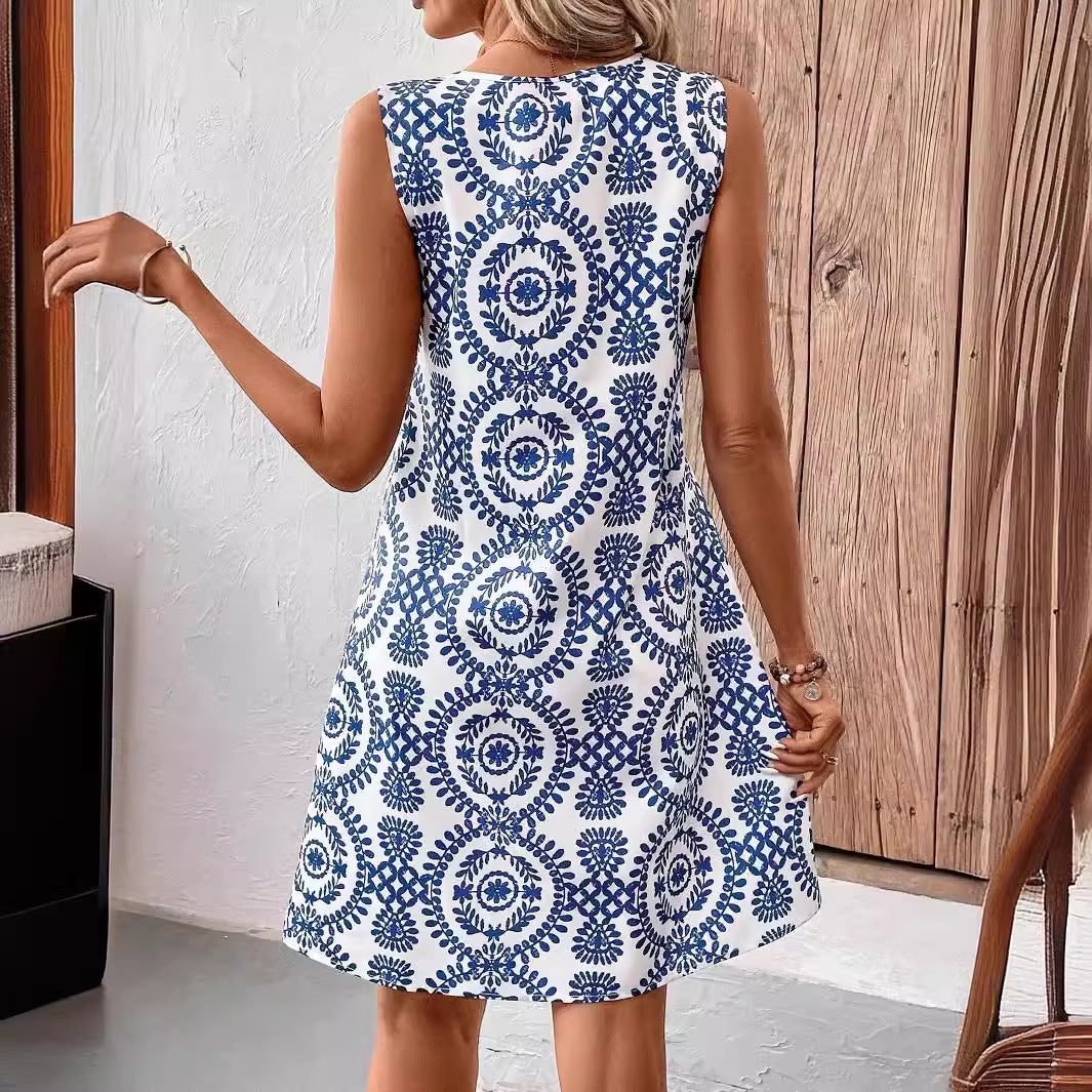Floral U-Neck Ring-Detail Midi Dress