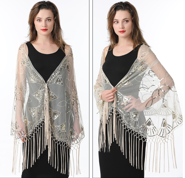 Robe de mariée cape à pampilles, robe qipao, longue robe d'été sans manches, gilet, châle, cape à paillettes en maille