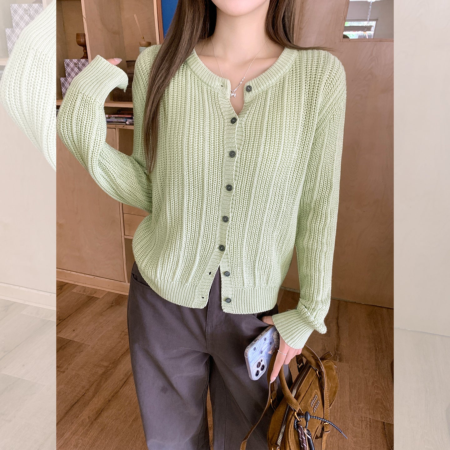 Light-Green Crew-Neck Cardigan