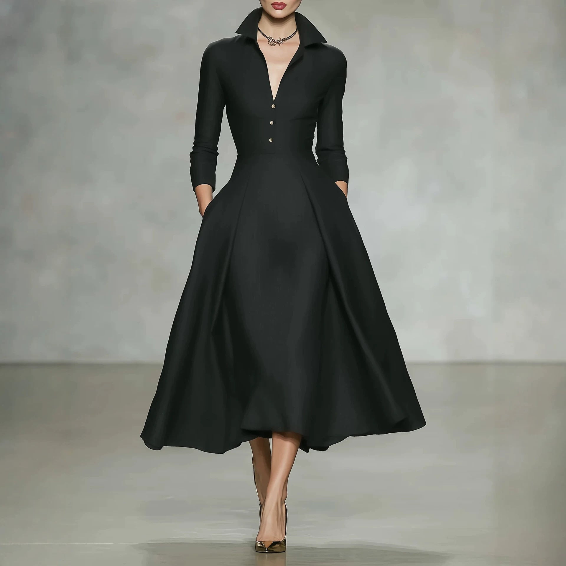 V-Neck Cinched-Waist Long-Sleeve Dress
