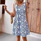 Elegante vestido sin mangas con estampado floral y cuello en U, con detalle de anillo, vestido de verano de largo medio