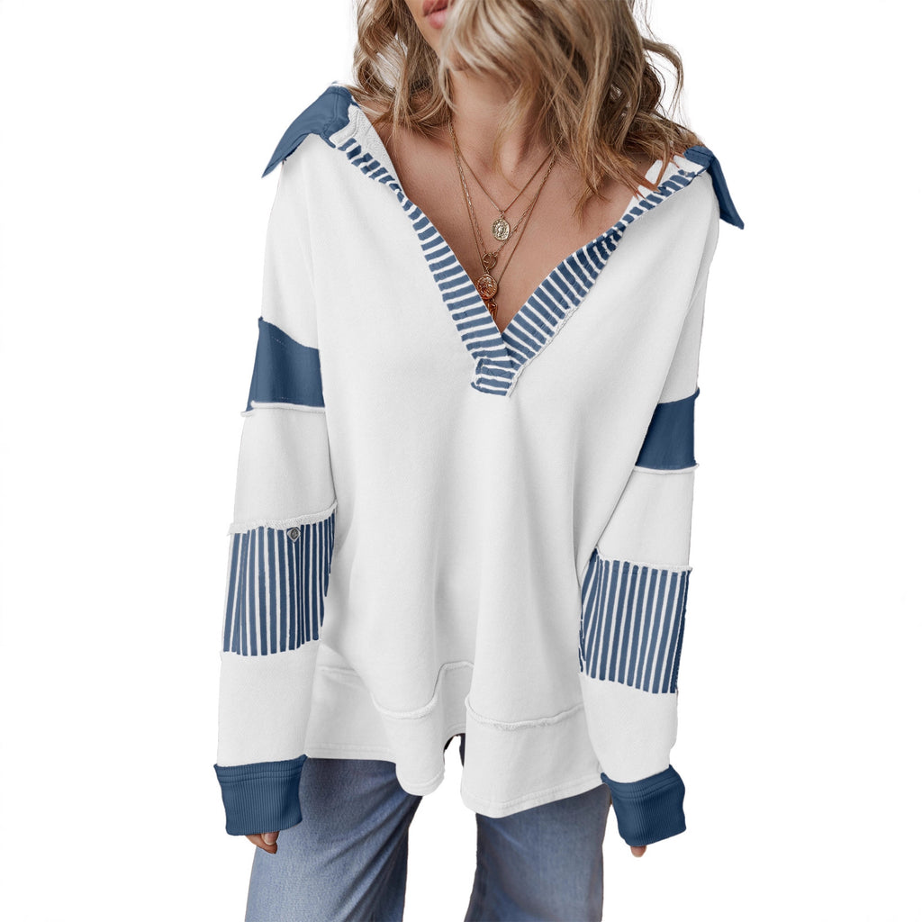 Striped Color-Block V-Neck Sweatshirt
