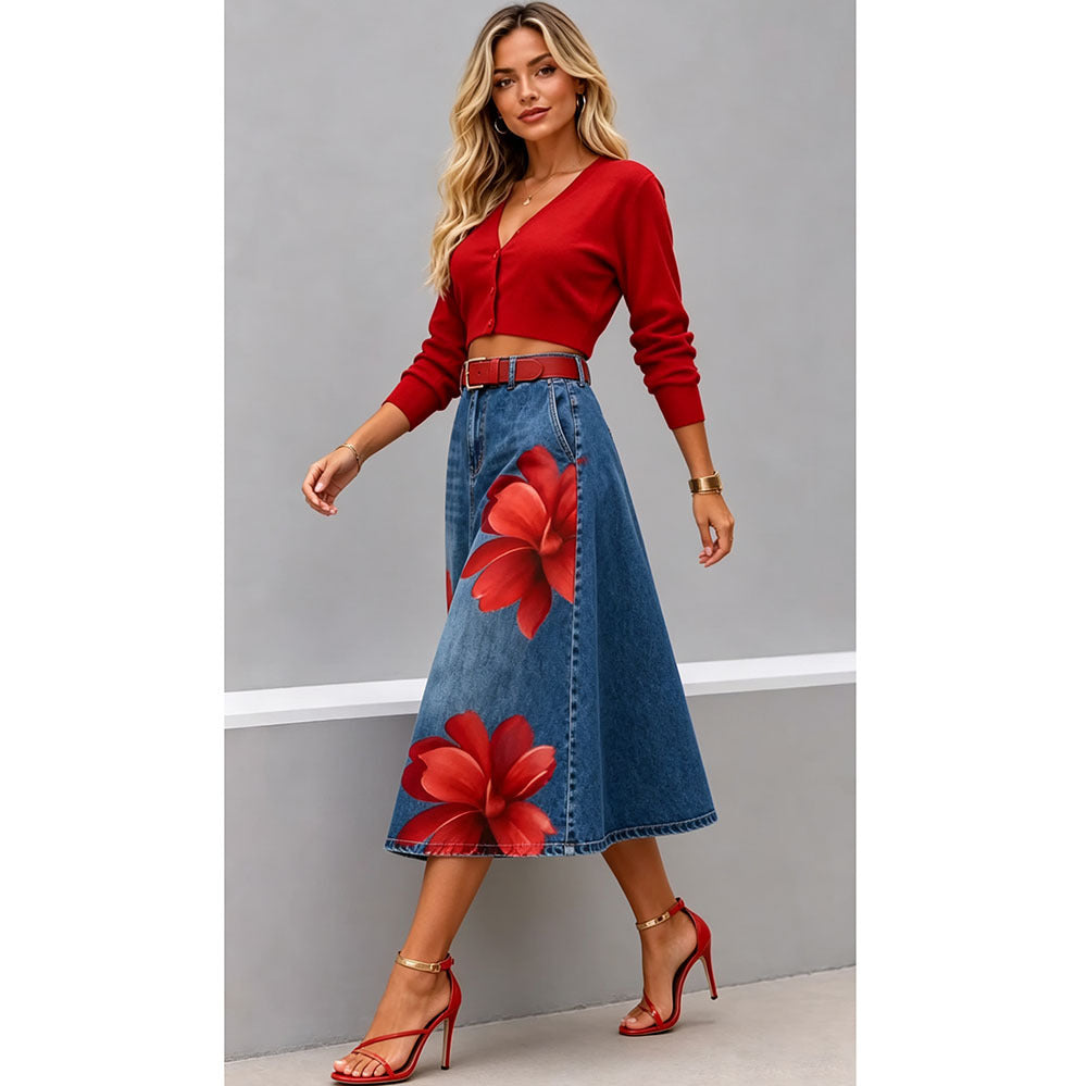 Floral Washed-Denim Midi Skirt — product image 13