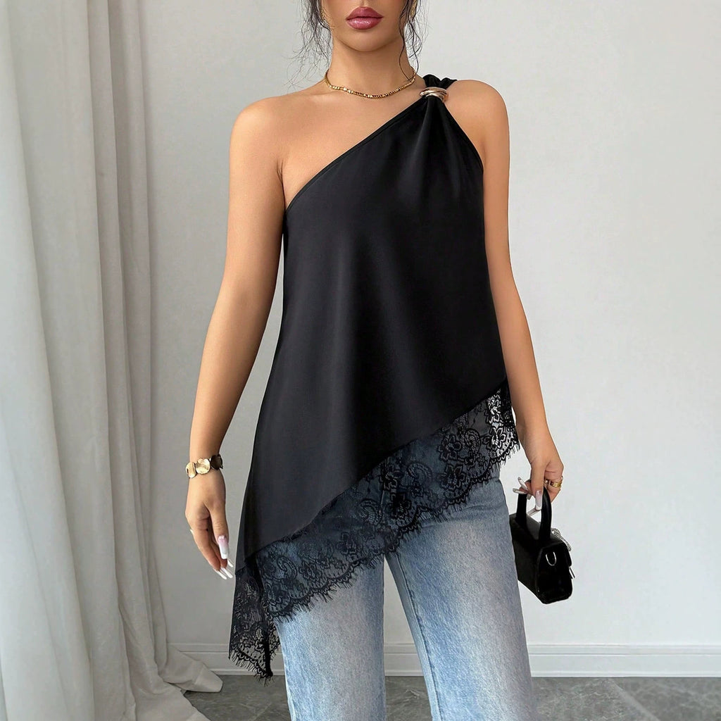 Gilet ample irrégulier à empiècements en dentelle et boucle métallique à épaule tombante