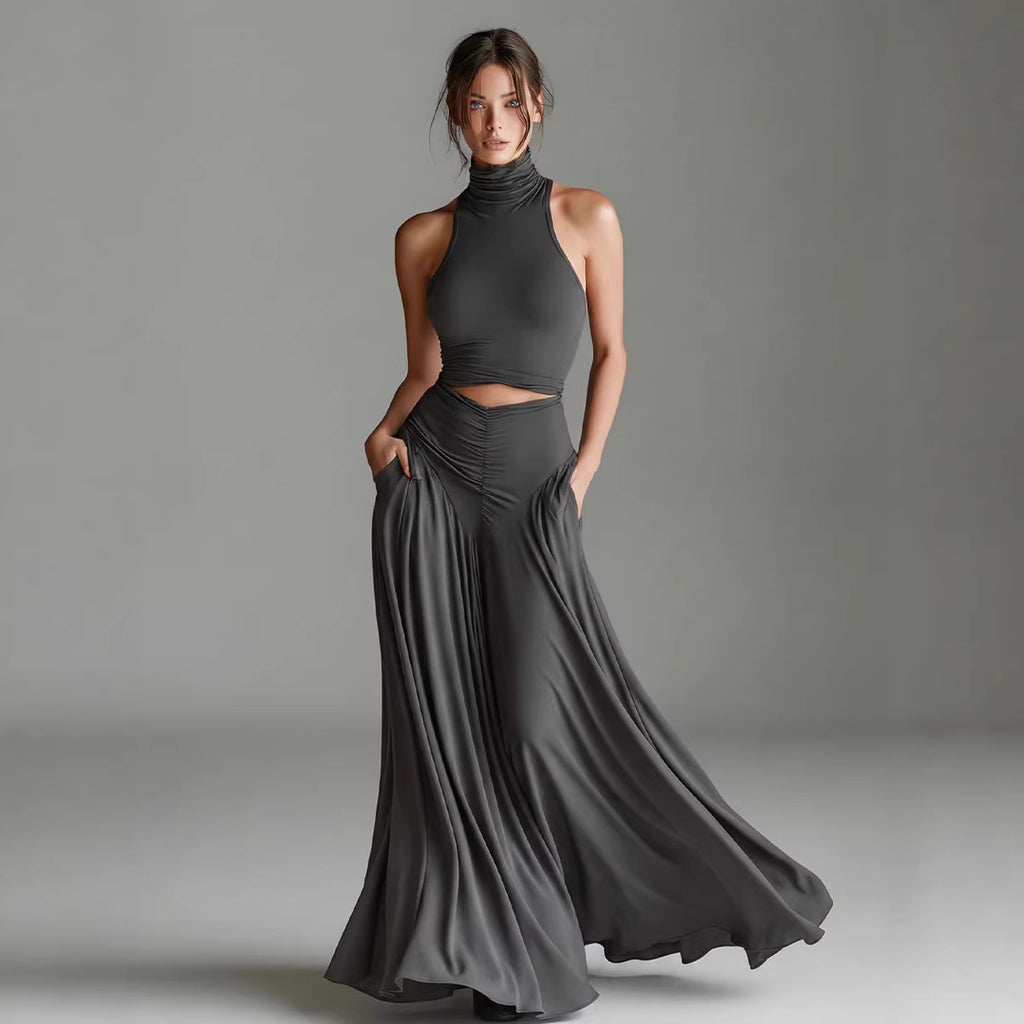Ensemble deux pièces style top sans manches col montant et élégante robe longue