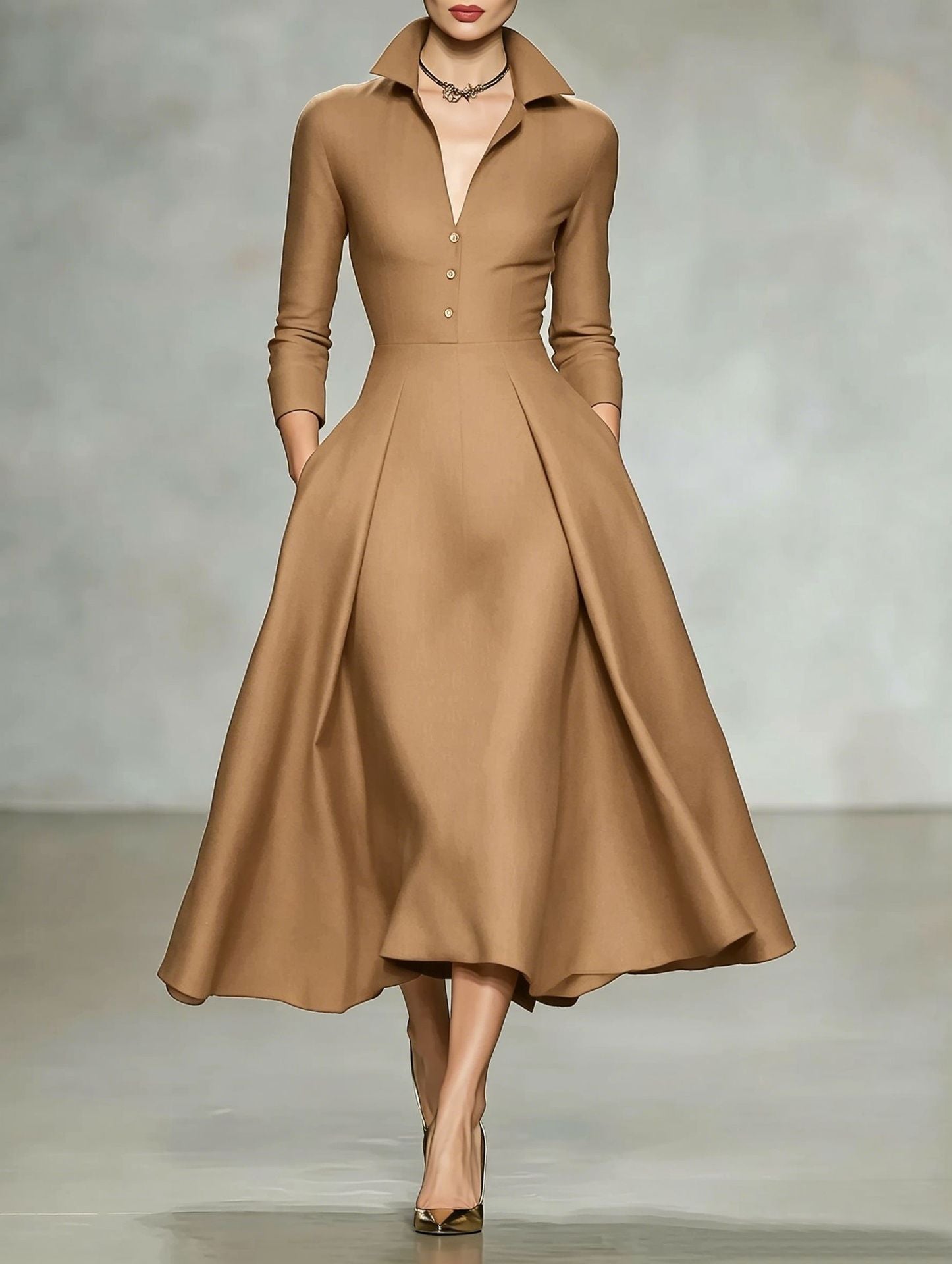 V-Neck Cinched-Waist Long-Sleeve Dress