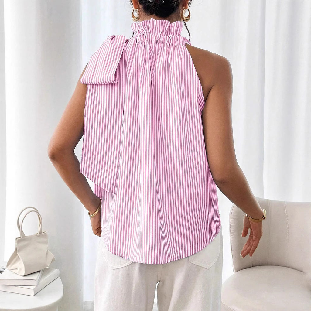 Haut t-shirt décontracté sans manches rayé à col montant orné de dentelle et noué