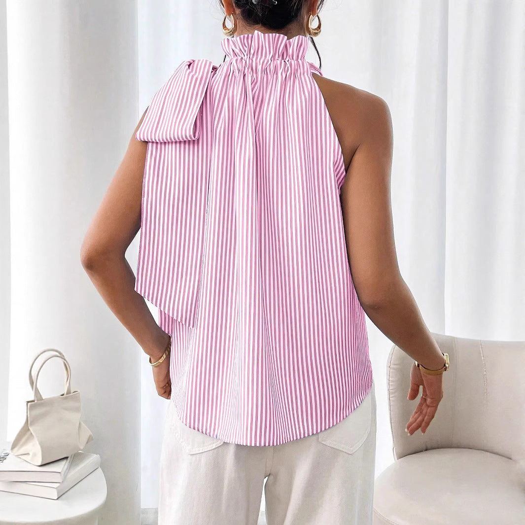Haut t-shirt décontracté sans manches rayé à col montant orné de dentelle et noué