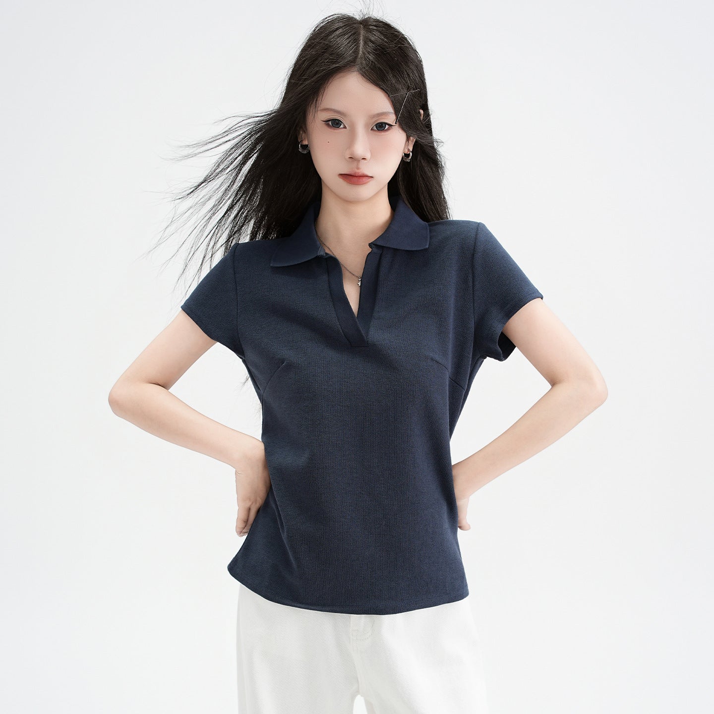 Polo-Collar Short-Sleeve Top
